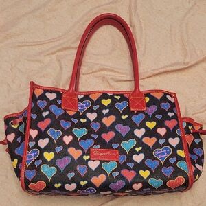 Dooney & Bourke Black Tote with Multicolor Heart Print and Red Trim